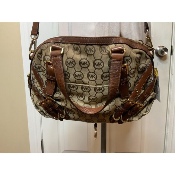 Michael Kors Brown Fabric Signature Monogram Satchel Bag Purse - Picture 4 of 7